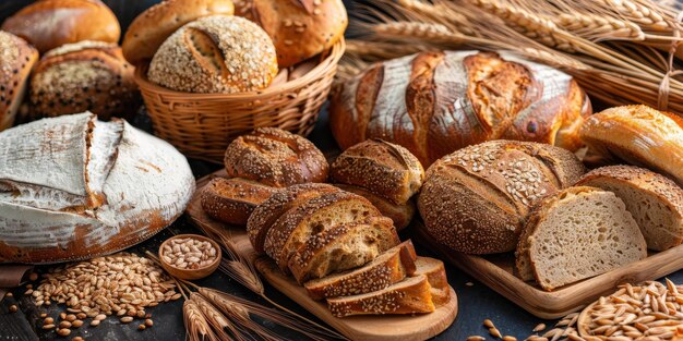 Diverse bread types grains on wooden background gourmet breakfast