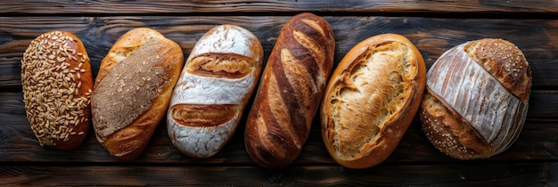 Diverse bread types rich in whole grains artfully arranged on wood Kitchen wholesome food theme