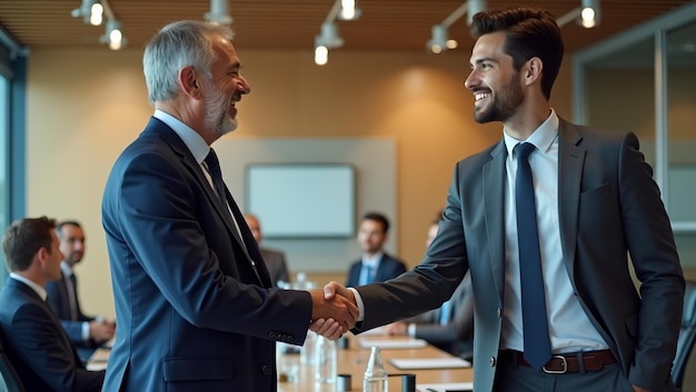 Diverse Business Partners Shaking Hands in Modern Conference Room