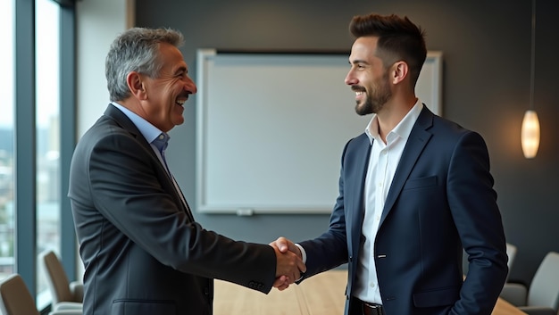 Diverse Business Partners Shaking Hands in Modern Conference Room