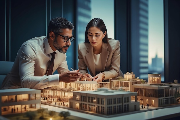 Diverse business people looking at architectural model and discussing work at office