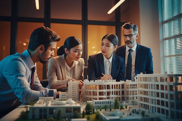 Diverse business people looking at architectural model and discussing work at office