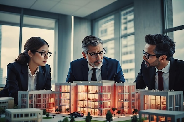 Diverse business people looking at architectural model and discussing work at office