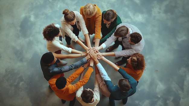 Photo diverse business people standing in a circle and putting their hands together