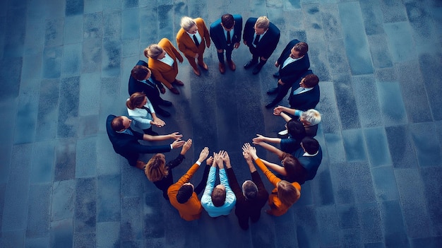 Photo diverse business people standing in a circle and putting their hands together