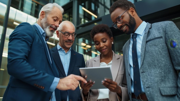 Diverse business team analyzing data on tablet