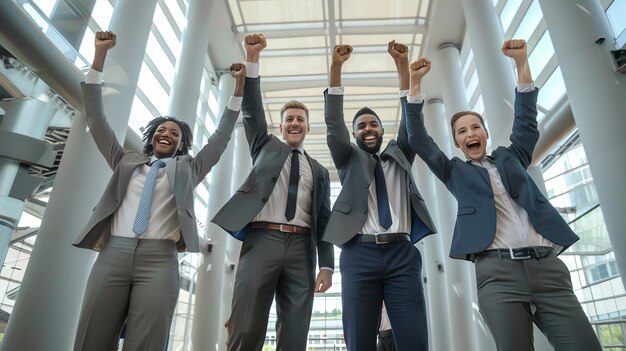 Diverse business team celebrating success with raised fists in modern office building