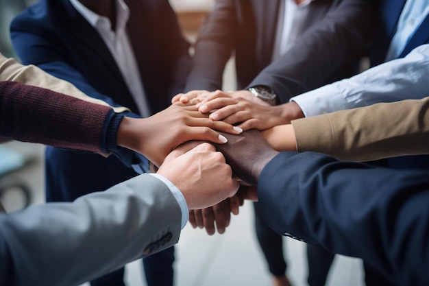 Diverse business team putting their hands together in a huddle of support and motivation