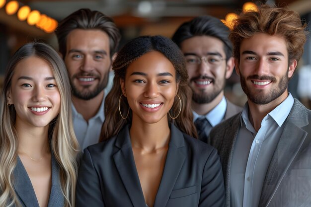 Diverse business team smiling confidently professional attire office setting