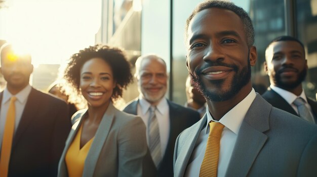 Photo diverse business team in sunlit urban scene