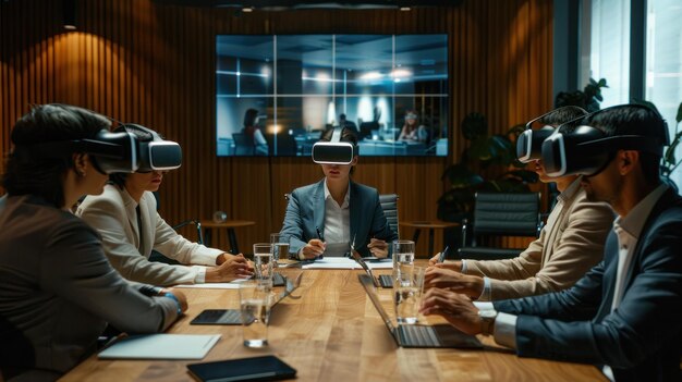 Photo diverse business team in vr headsets having virtual meeting in metaverse concept of future technology innovation and remote work