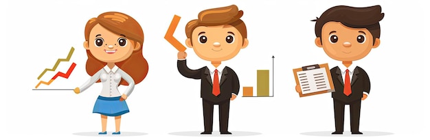 Photo diverse business team with growth charts cartoon characters holding financial reports and charts flat design characters concept