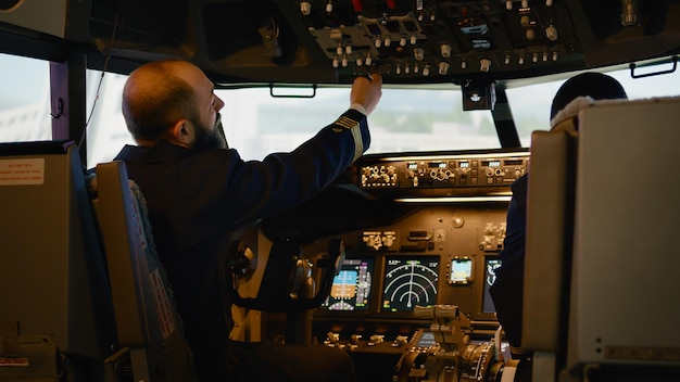 Diverse captain and copilot switching power buttons to fly airplane, preparing to takeoff with engine command. Using control panel and cockpit dashboard for airline transport. Handheld shot.