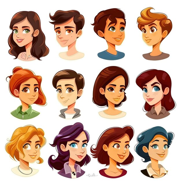 Photo diverse cartoon character portraits and icons in modern style