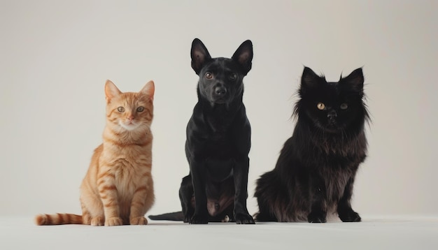 Diverse cats and dogs in studio setting with white background for creative design projects