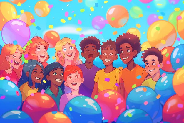 Photo diverse children smiling at colorful outdoor party with balloons and confetti