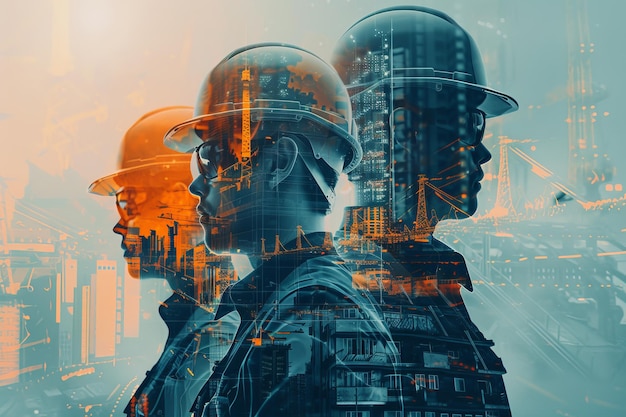 Diverse civil engineering team in double exposure banner with advanced ai for enhanced productivity