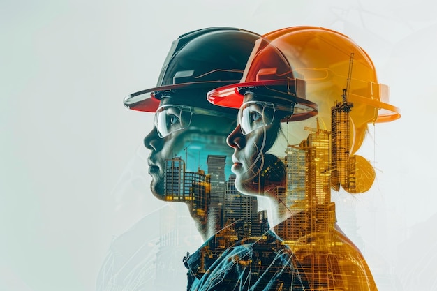 Diverse civil engineering team in double exposure with generative ai for construction banner