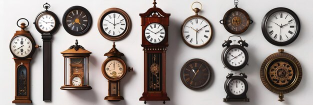 Photo a diverse collection of clocks showcasing the passage of time through various designs and cultures