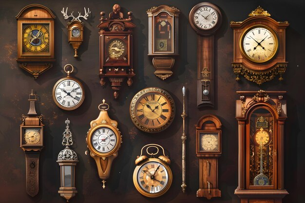 Photo a diverse collection of clocks showcasing the passage of time through various designs and cultures