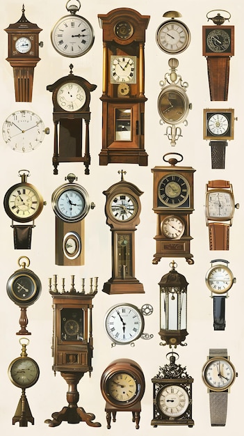 Photo a diverse collection of clocks showcasing the passage of time through various designs and cultures