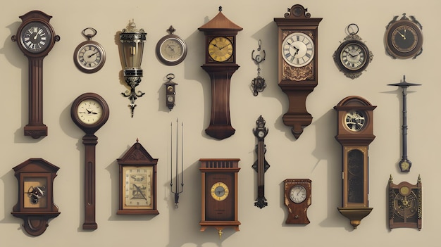 Photo a diverse collection of clocks showcasing the passage of time through various designs and cultures