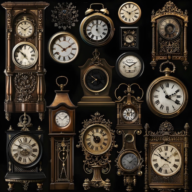 Photo a diverse collection of clocks showcasing the passage of time through various designs and cultures