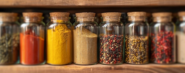 A diverse collection of different spices in small glass jars arranged neatly on a wooden shelf The