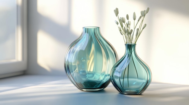 Photo a diverse collection of glass vases in various shapes sizes and textures featuring transparent pink and amber tones on a clean surface