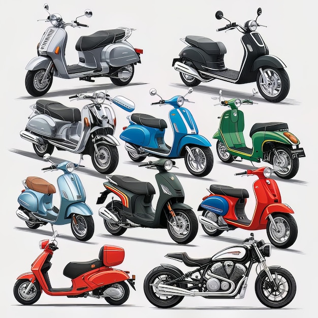 A Diverse Collection of Motorbikes from Classic Scooters to Modern Sports Bikes