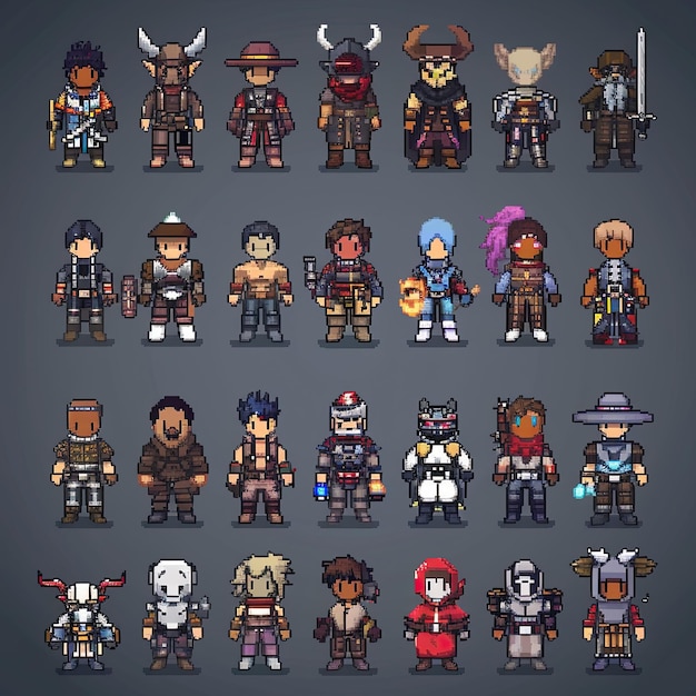 A diverse collection of pixel art characters in a fantasy setting featuring warriors mages