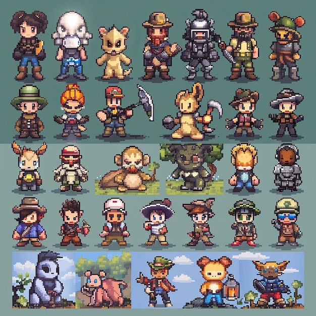 A diverse collection of pixelated characters and creatures with various accessories