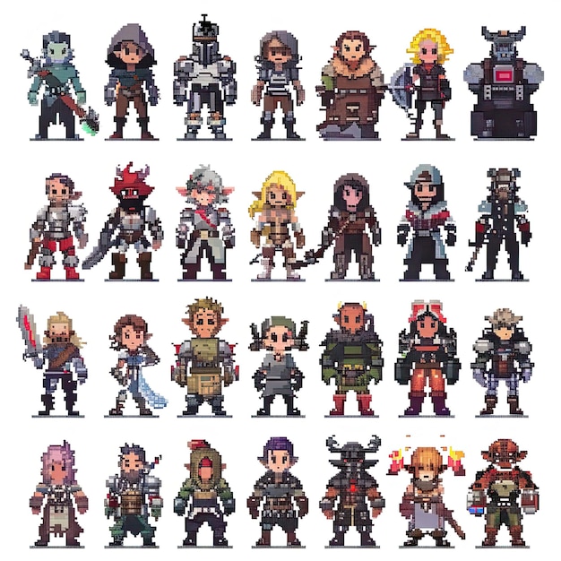 A diverse collection of pixelated characters in various fantasythemed clothing and armor