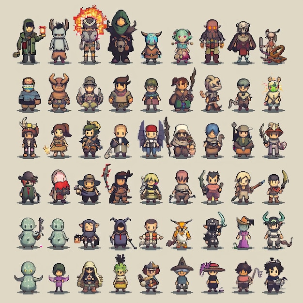 A diverse collection of pixelated characters in various fantasythemed outfits and classes