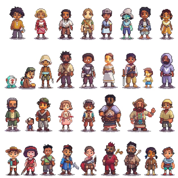 A diverse collection of pixelated characters in various outfits and poses