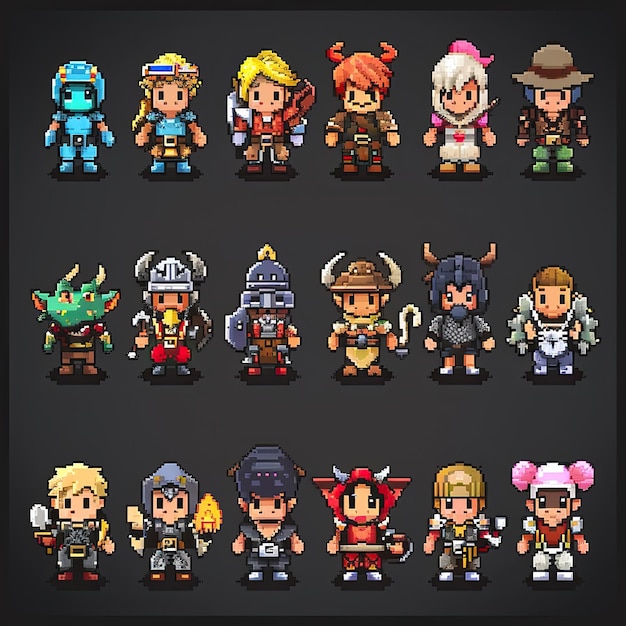 A diverse collection of pixelated characters with various weapons and armor