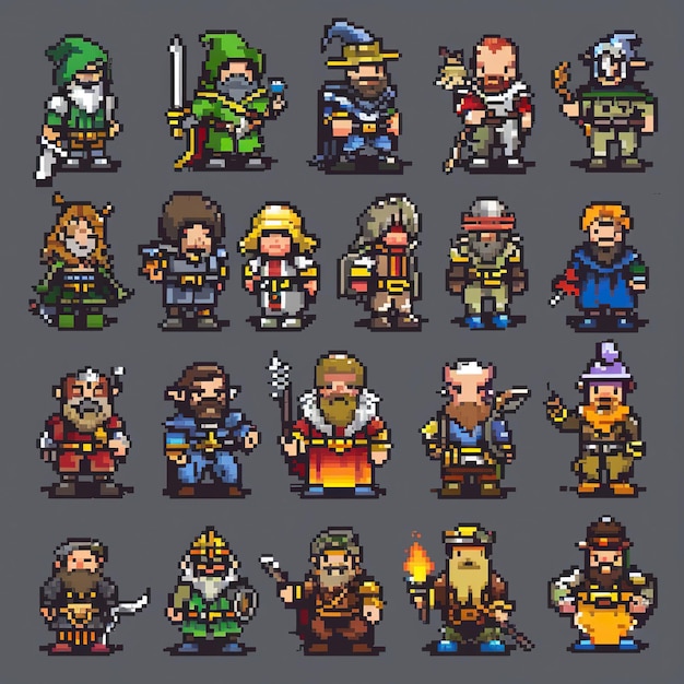 A diverse collection of pixelated fantasy characters including warriors mages and dwarves