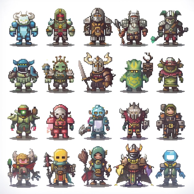 A diverse collection of pixelated fantasy characters with swords shields and other weapons