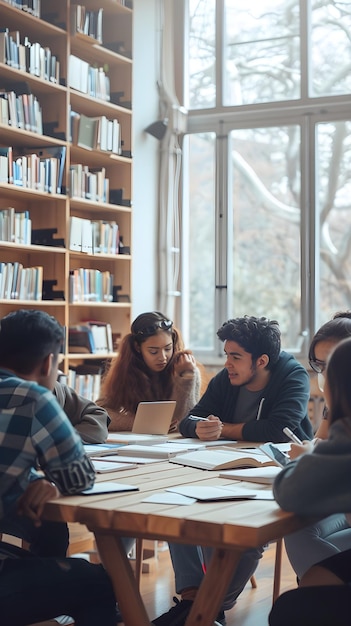 Photo diverse college students collaborating in a modern library engaging in lively discussions and share