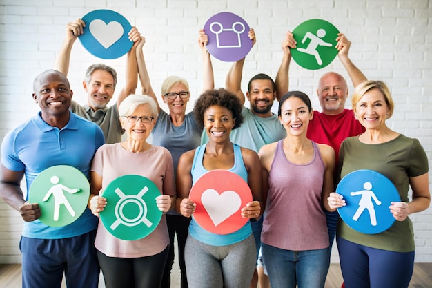 Photo diverse community holding health and fitness icons together