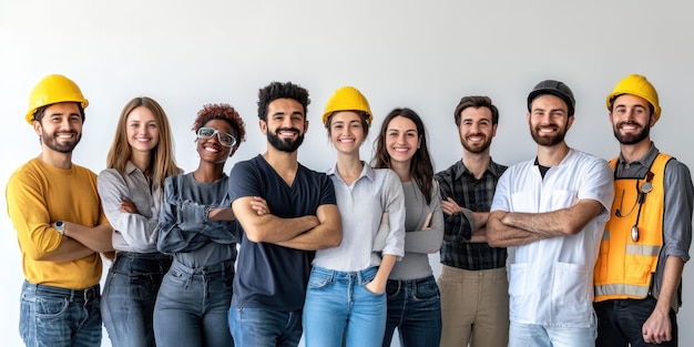 Photo diverse construction team posing together showcasing unity and professionalism in the workplace with safety helmets