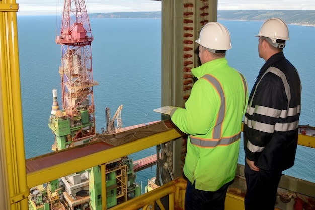 Diverse crew on offshore oil rig engaged in a multitude of tasks and operations on the platform