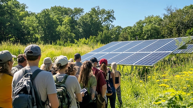 Photo diverse crowd learning about community solar gardens promoting sustainable energy