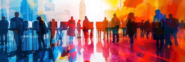 Diverse Crowd of Silhouettes in a Vibrant Urban Setting A colorful cityscape backdrop with a