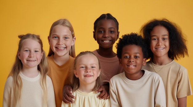 Photo diverse cute children smiling and looking at the camera wearing casual in neutral colors