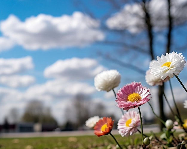 Diverse daisies standing tall under a blue sky with fluffy clouds