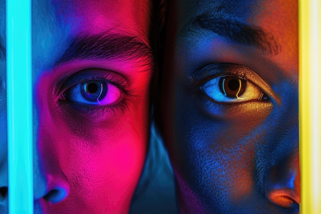 Diverse eyes on neon background symbolize unity among all