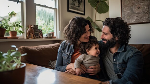 A diverse family joyfully smiles on a couch as a man and woman lovingly hold their adorable baby