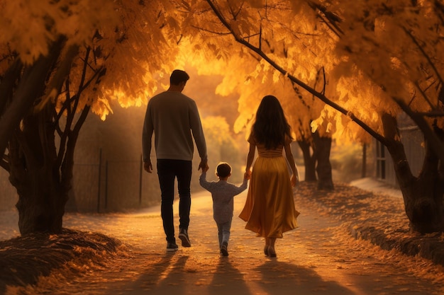 Diverse family strolling in autumn park at sunset hand in hand with child amidst yellow trees