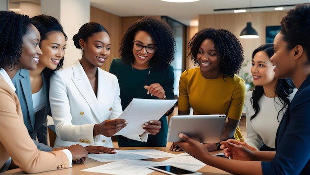 Photo diverse female business team working together on project